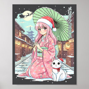 Anime Kimono Girl Christmas Japan Cat Xmas Japan A Poster