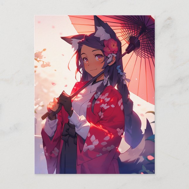 Anime Kitsune Girl Cute Fox Fantasy Art Postcard (Front)