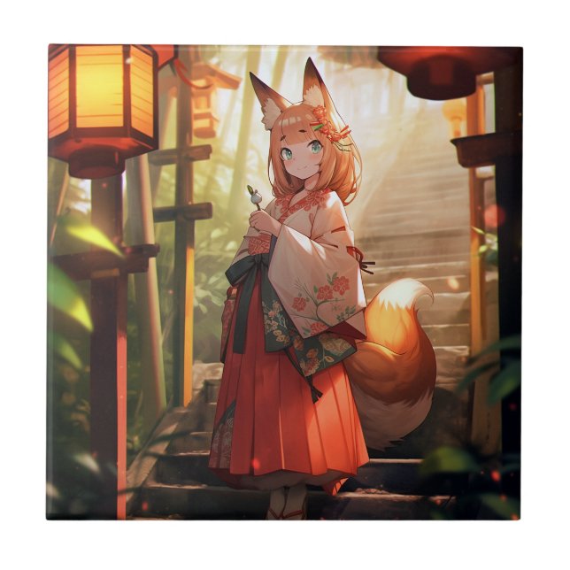 Anime Kitsune Girl Cute Fox Fantasy Art Tile (Front)