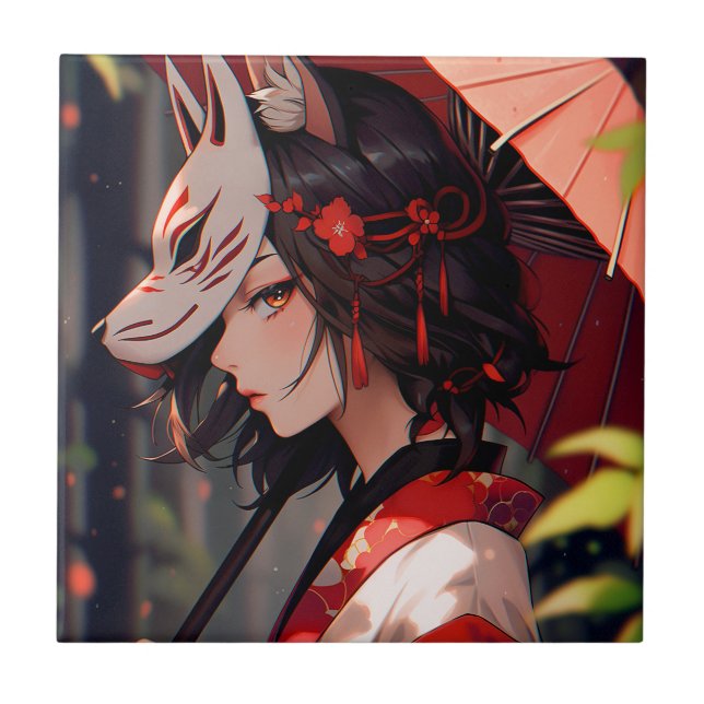 Anime Kitsune Girl Cute Fox Fantasy Art Tile (Front)