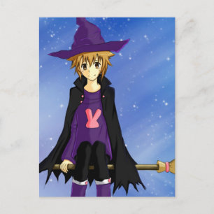 Anime manga boy with purple hat and cape postcard