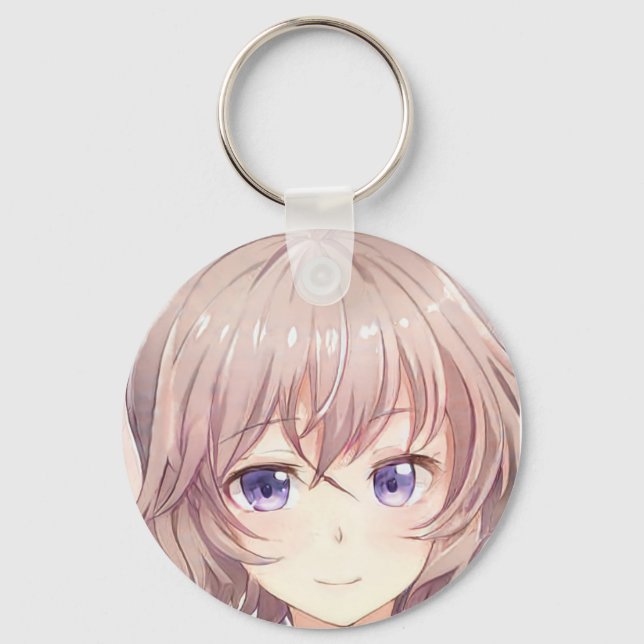Anime manga girl smiling brown hair violet eyes  key ring (Front)