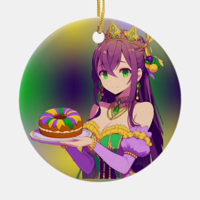 Anime Mardi Gras King cake Ceramic Tree Decoration (Front)