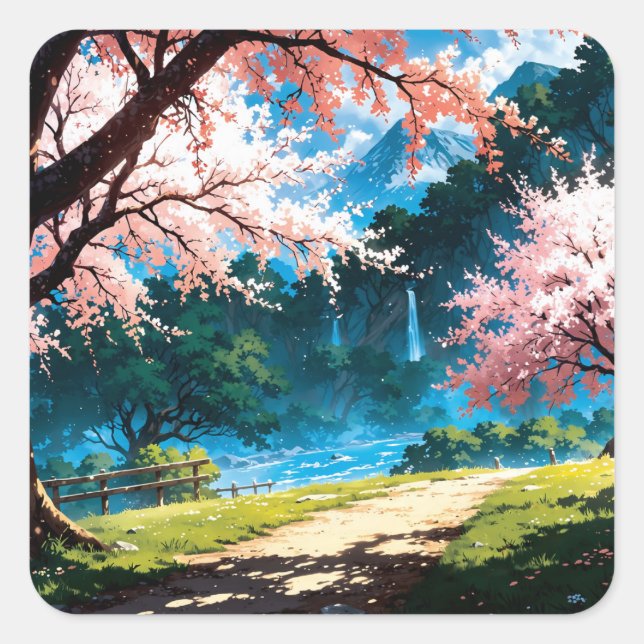 Anime natural landscape square sticker (Front)