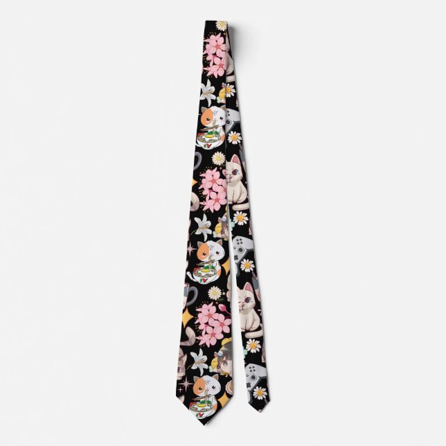 Anime Overload Cute Pattern Black BG Tie (Front)