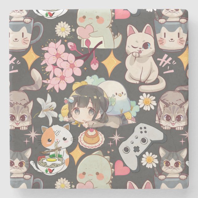 Anime Overload Cute Pattern D Grey BG Stone Coaster (Front)