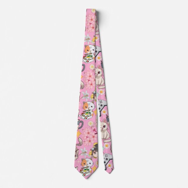 Anime Overload Cute Pattern L Pink BG Tie (Front)