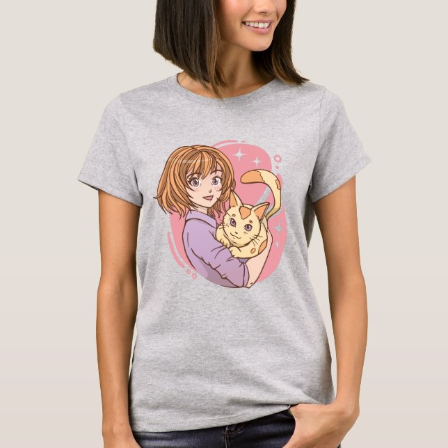 Anime Person and Cat T-Shirt (Front)