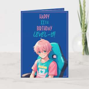 Anime Pink and Blue Gamer Age Birthday Card