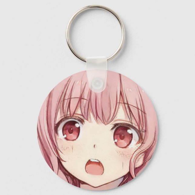 Anime pink-haired girl plum eyes scared keychain (Front)