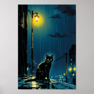 Anime Rainy Night Cat Wall Art