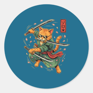 Anime Samurai Cat Three Swords Japanese Style Art  Classic Round Sticker