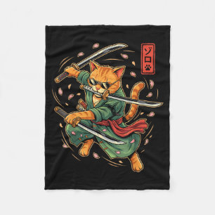 Anime Samurai Cat Three Swords Japanese Style Art Fleece Blanket