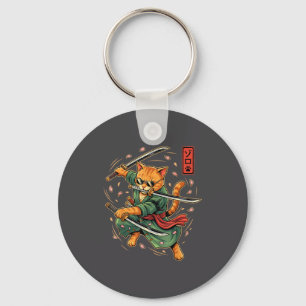 Anime Samurai Cat Three Swords Japanese Style Art Key Ring