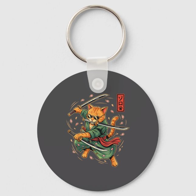 Anime Samurai Cat Three Swords Japanese Style Art  Key Ring (Front)