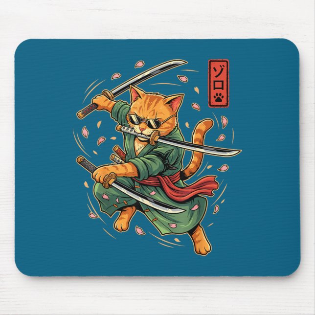Anime Samurai Cat Three Swords Japanese Style Art  Mouse Pad (Front)