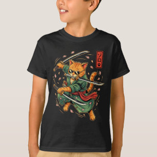 Anime Samurai Cat Three Swords Japanese Style Art T-Shirt