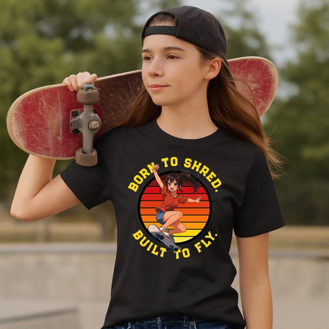 Anime Skateboarder Girl On Retro Sunset Template T-Shirt (Creator Uploaded)