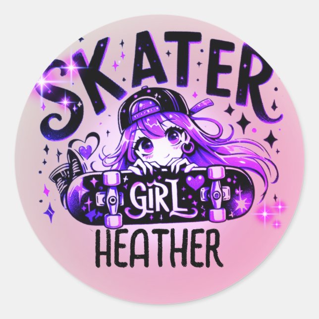 Anime Skater Girl Birthday Party Skateboarding Classic Round Sticker (Front)