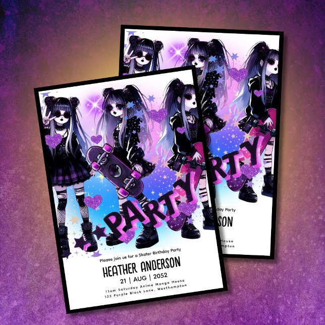 Anime Skater Girl Birthday Party Skateboarding Invitation (Creator Uploaded)