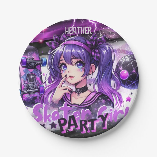 Anime Skater Girl Birthday Party Skateboarding Paper Plate (Front)