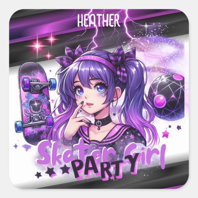 Anime Skater Girl Birthday Party Skateboarding Square Sticker (Front)