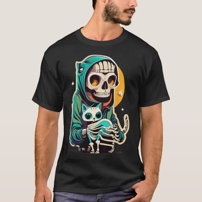 Anime Skeleton Holding A Cat Shirt Lazy Halloween  (Front)
