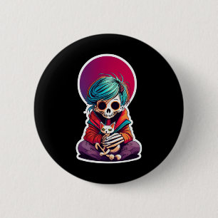 Anime Skeleton Holding A Cat Shirt Lazy Halloween  6 Cm Round Badge