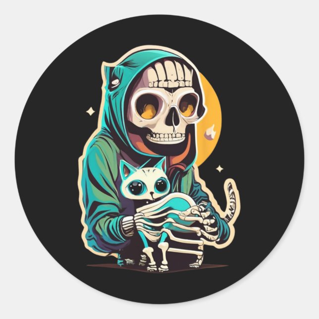 Anime Skeleton Holding A Cat Shirt Lazy Halloween  Classic Round Sticker (Front)