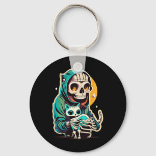 Anime Skeleton Holding A Cat Shirt Lazy Halloween Key Ring