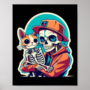 Anime Skeleton Holding A Cat Shirt Lazy Halloween  Poster