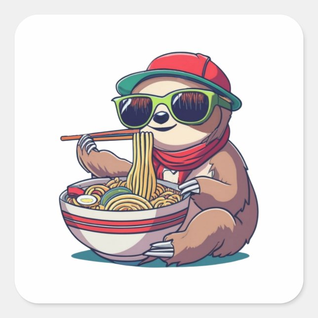 Anime Sloth Eating Ramen Square Sticker (Front)
