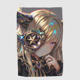 Anime Steampunk Horned Beauty with Star Monocle Golf Towel