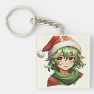 Anime Style Christmas Elf Portrait Key Ring