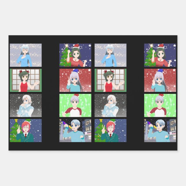 Anime style Christmas/Holiday wrapping paper sheet (Front)