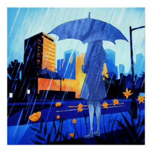 Anime Style Rainy Day Girl Poster Wall Art