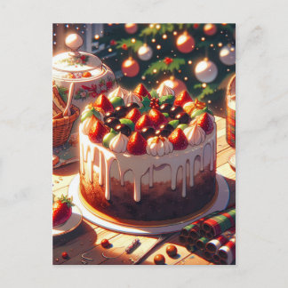 Anime Style Strawberry Cake Nighttime Holiday Postcard