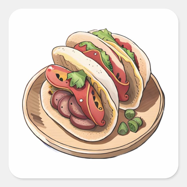 Anime Style Watercolor Clip Art Mexican Taco Square Sticker (Front)