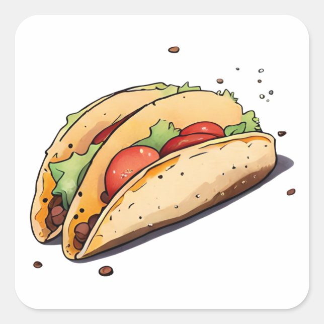 Anime Style Watercolor Mexican Taco Clip art Square Sticker (Front)