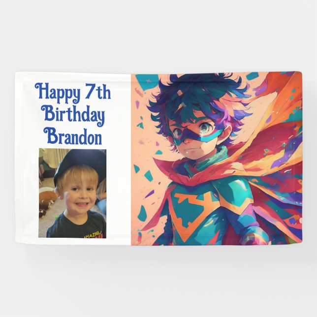 Anime Superhero Boy Personalised Birthday Banner (Horizontal)