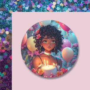 Anime Themed Birthday Girl of Colour Classic Round Sticker