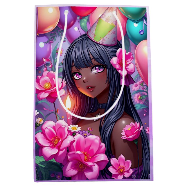 Anime Themed Birthday Girl of Colour  Medium Gift Bag (Front)