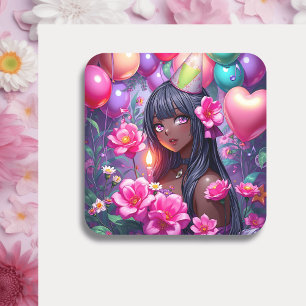 Anime Themed Birthday Girl of Colour Square Sticker