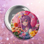 Anime Themed Birthday Girl Personalised  7.5 Cm Round Badge<br><div class="desc">Pretty personalised birthday girl button. Cute graphics of a beautiful anime girl with purple hair surrounded by balloons and pink and purple flowers.</div>