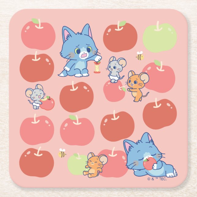 Anime Tom, Jerry, and Tuffy Apple Pattern Square Paper Coaster (Front)