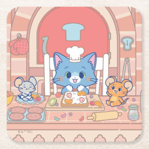 Anime Tom, Jerry, and Tuffy Bakery Square Paper Coaster