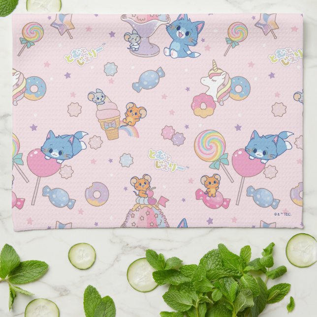 Anime Tom, Jerry, and Tuffy Candyland Pattern Tea Towel (Folded)