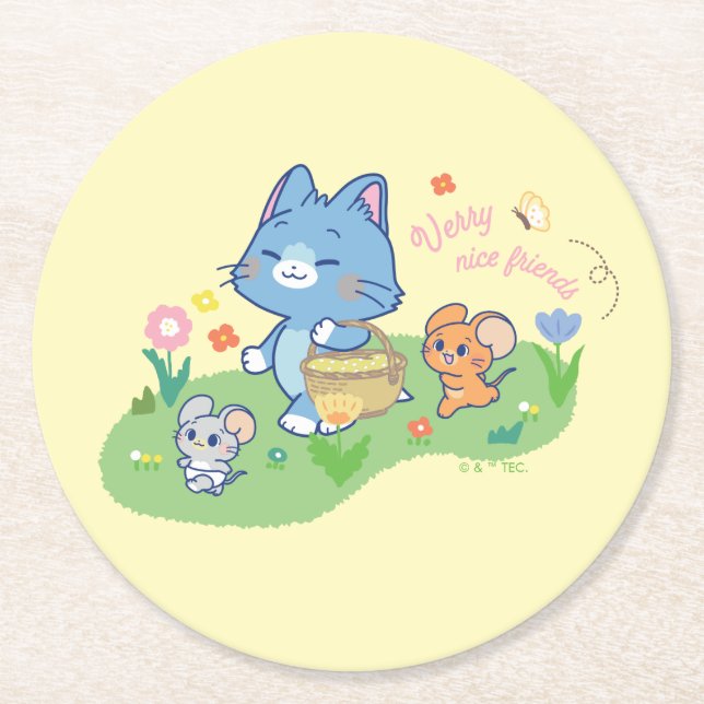 Anime Tom, Jerry, and Tuffy Picnic Round Paper Coaster (Front)