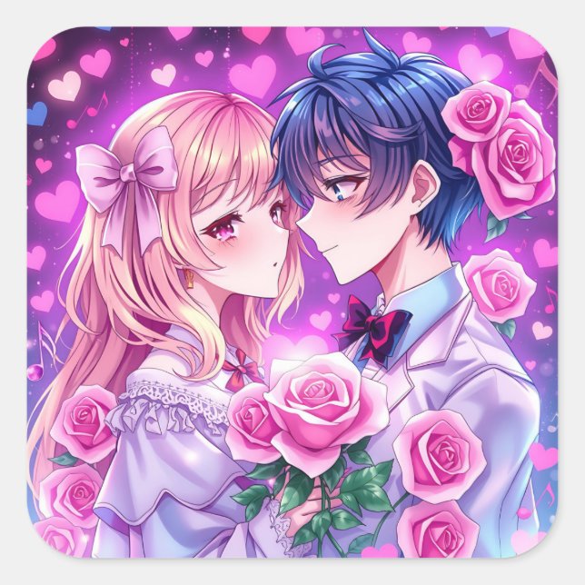 Anime Valentine's Day Boy and Girl Romantic Large Square Sticker (Front)