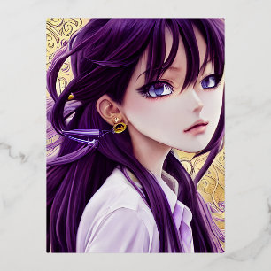 Anime White Shirt Hoop Earrings Purple Butterfly Foil Holiday Postcard